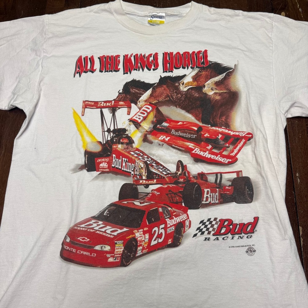 Vtg Santee Budweiser Racing T-Shirt Mens XL White 1998 All The Kings Horses 90's